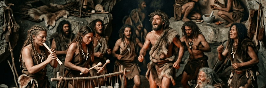 Prehistoric people dancing and playing instruments around a fire in a cave
