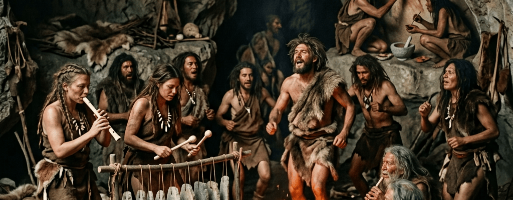 Prehistoric people dancing and playing instruments around a fire in a cave