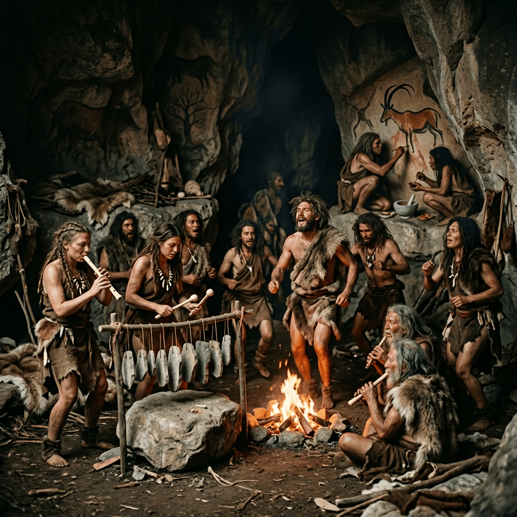 Prehistoric people dancing and playing instruments around a fire in a cave